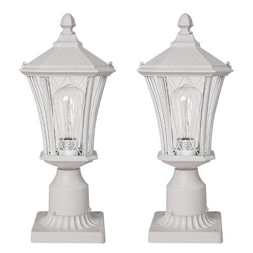 2 Pack White Outdoor Lamp Post Lights for Lawn Passages Fence Walkway Street, Waterproof Aluminum Pole Pier Mount Outdoor Lighting, Exterior Pillar Lantern Light with 3" Pier Mount Base