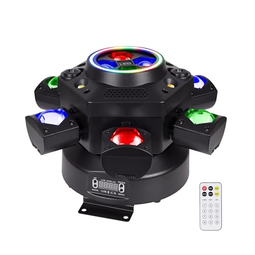 Moving Head DJ Lights, 150W RGBW LED Moving Head Lights, 6 Arms Party Light, 4 in 1 Bee-Eyes Effect Light, Red Green Starry, White & Amber Strobe, Support DMX-512 & Remote for Party Disco New Model