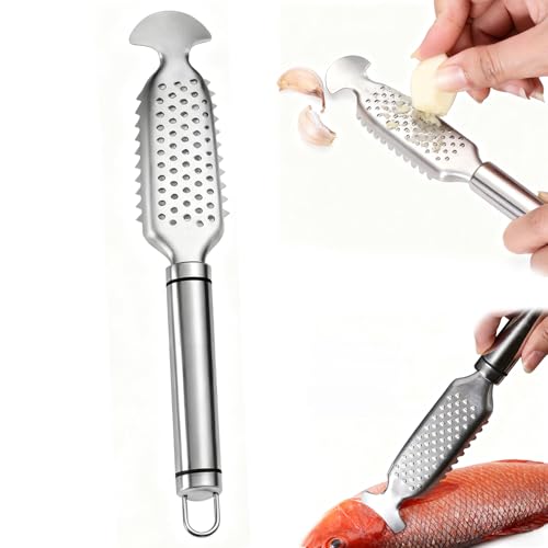 AzureRay Descamador de Pescado Profesional 3 en 1 de Acero Inoxidable - Quita Escamas de Pescado con Raspador y Rallador de Ajo/Jengibre, para Salmón, Trucha y Peces Grandes