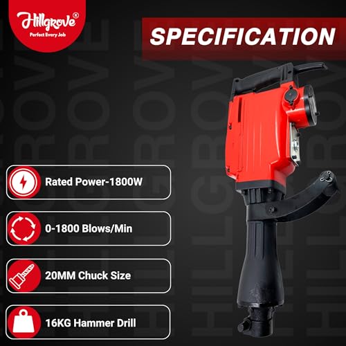 Image of Hillgrove HGCM1068M1 1800 Watt Heavy Duty Demolition Chisel+Hammer Concrete Breaker Drill Machine with 2 Bits for Breaking Concrete Road /Wall /Hammer Drill