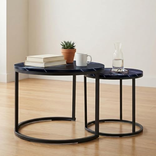 Nesting Coffee Table Set of 2, Round Marble Pattern Top
