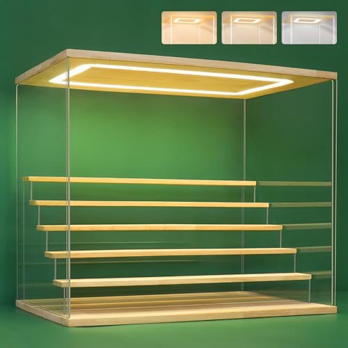 NONEMEY Vitrine pour Collection en Acrylique Transparente avec Éclairage LED Tricolore – Présentoir Anti-Poussière 2/3/4/5/6 Niveaux pour Figurines et Lego (Bois, 6Tier-49x30x40cm)