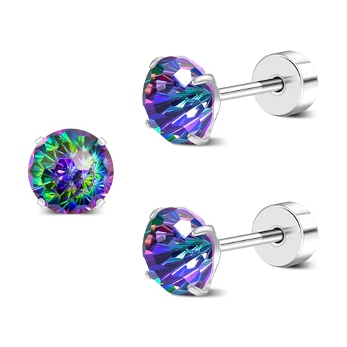 ZDE Titanium Women Flatback Earrings AAAA+ Cubic Zirconia Silver CZ Simulated Diamond Earrings Stud Hypoallergenic Cartilage Earring Piercing Jewelry 6mm (Colorful CZ 6MM)