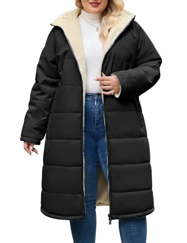 CMTOP Abrigos Mujer Invierno Largo Talla Grande, Resistente al Viento Cálido Chaqueta Reversible Abrigo, Abrigada Parka Abrigo Acolchado con Capucha y Cremallera(Negro,XXL)
