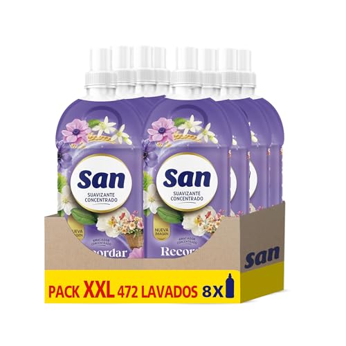 SAN | Roupa suave para lavar líquido concentrado, fragrância duradoura essência para recordar, embalagem de 8 x 59 lavagens = 472 doses