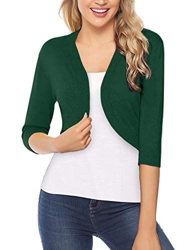 iClosam Women Open Front Cardigan 3/4 Sleeve Cropped Bolero Shrug Cardigan Sweater Green