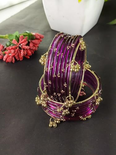 Image of NMII Viral Multi Colour Glass Bangles with Golden Ghungroo Charms & Stone Work For Women & Girls | Fancy Designer Glass Bangle | Traditional Chudi | Kanch Ki Churi | Stylish Ghungroo Bangle For Women