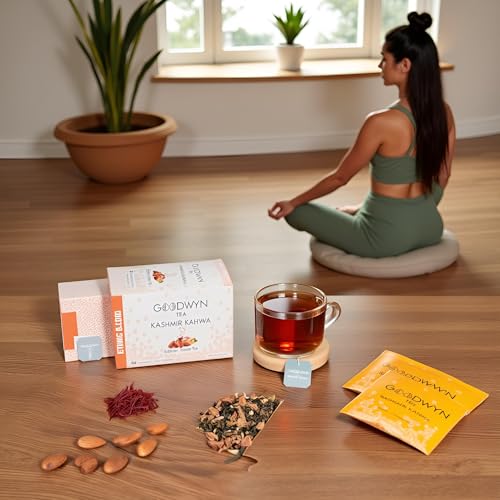 Image of Goodwyn Kashmiri Kahwa Green Tea (20 Tea Bags) | Authentic Herbal Qawah with Saffron, Almonds & Spices | Low Caffeine Herbal Tea | Non Bitter | Plastic Free Tea Bags