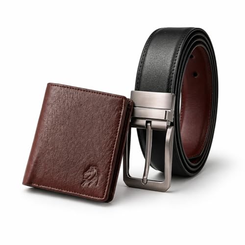 Image of VEMILIO Mens Wallet Belt Combo | Vegan Leather Bi-Fold Wallet with Coin Pocket & Reversible Belt | Gift Combo Set for Men & Boys (Brown)
