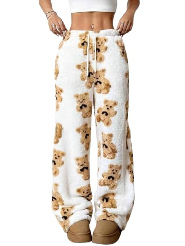 ZAFUL Women's Fuzzy Plush Pajama Pants Drawstring Elastic Waist Wide Leg Teddy Pj Bottoms Lounge Pants