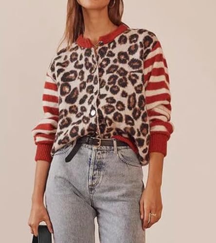 CHARTOU Women Leopard Stripe Print Cardigans Contrast Open Front Cardigan Sweater Outwear Coats3