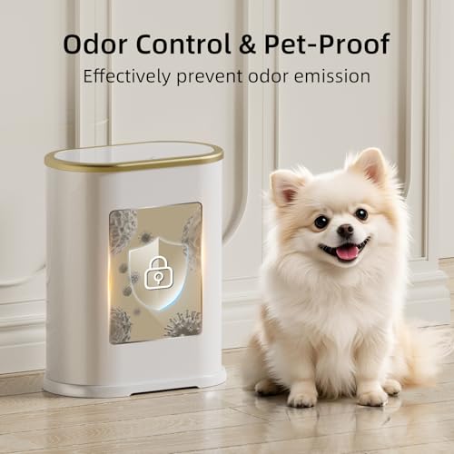 Image of KSSKSS 1.8 Gallons Small White Bathroom Trash Can with Lid, Slim Bathroom Garbage Bin, Dog Proof Trash Can with Pop-Up Lid for Bedroom,Toile, White