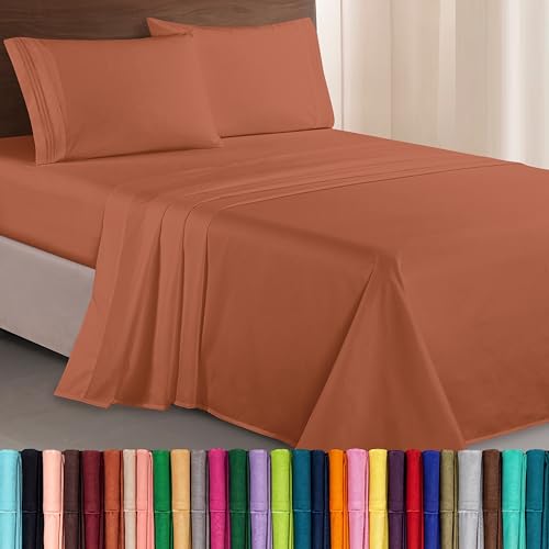 Image of Elegant Comfort Luxurious 1500 Premium Hotel Quality Microfiber Three Line Embroidered Softest 4-Piece Bed Sheet Set, Wrinkle and Fade Resistant, California King, Coral