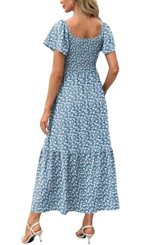 Image of OFEEFAN Summer Dresses for Women Square Neck Ruffle Sleeve Smocked Maxi Dress with Pockets