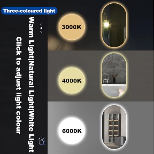 Ściemnialne owalne lustro ścienne LED, 60 x 90 cm, podświetlane lustro łazienkowe z inteligentnym przełącznikiem, 3 opcje kolorów, idealny makijaż i pielęgnacja niezbędna