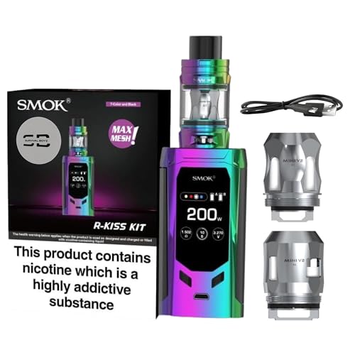 Smok R-Kiss Vape Kit [7-Colour and Black] - Fast Charge, 2 x 18650 Battery (sold separately), 200W, Side-Place Fire Key - Compatible with Smok TFV Mini V2 Tank & Mini V2 A1 & A2 Coils - No Nicotine