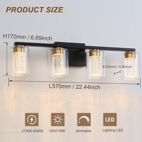Image of 4-Light Black Bathroom Light Fixture, Dimmable 5CCT Black and Gold Bathroom Vanity Lights, 2700K-6500K Modern Crystal Bubble LED Wall Sconce Over Mirror with Clear Glass