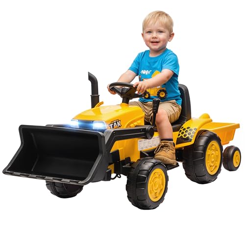 AIYAPLAY Kinder Elektro Bagger mit Anhänger, Schaufel, 12V Aufsitzbagger mit Fernbedienung 2 Motor Kinder Elektroauto mit Musik, LED-Lichter, USB, Sitzbagger für 3-8 Jahre, Gelb