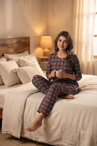 Image of Women's Pure Cotton Printed Night Suit,Top and Relaxed Pajama Set, Stylish Sleepwear, Casual Wear