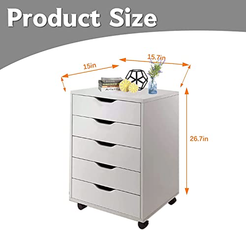 Alisened 5-Drawer Chest Wood Storage Dresser Cabinet With Wheels Mobile Side Cabinet Chest For Home Office Storage,White #TOP2