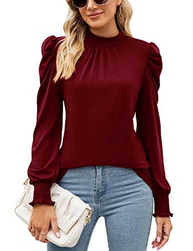 Image of LUYAA Puff Long Sleeve Shirts for Women Tops Dressy Casual Frill Mock Neck Smocked Cuffs Blouses
