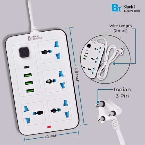 Image of Blackt Electrotech (BTPS2) Extension Board with USB - 2500W 10A Power Extension Board with 20W PD Type-C, 4 Multi Plug Socket Extension Box with Switches & Surge Protection for Home & Office - White