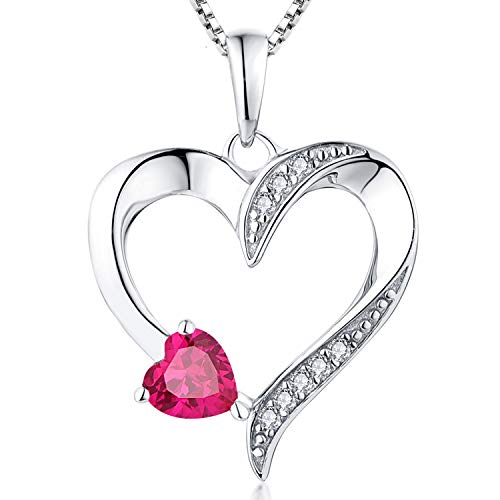 YL Heart Necklace 925 Sterling Silver Love Heart Pendant with Cubic Zirconia Ruby Birthstone Double Red Heart Jewelry