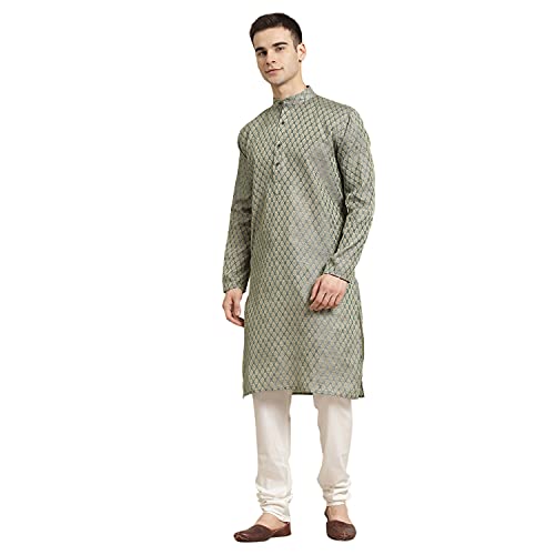 Image of Sojanya (Since 1958 Men'S Cotton Linen Blue Foil Printed Only Long Kurta