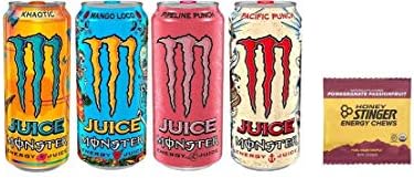 Monster Energy Juice Variety - Pipeline Punch, Khaotic, Mango Loco, Pacific Punch 16fl.oz (Pack of 8) + Stinger Chews
