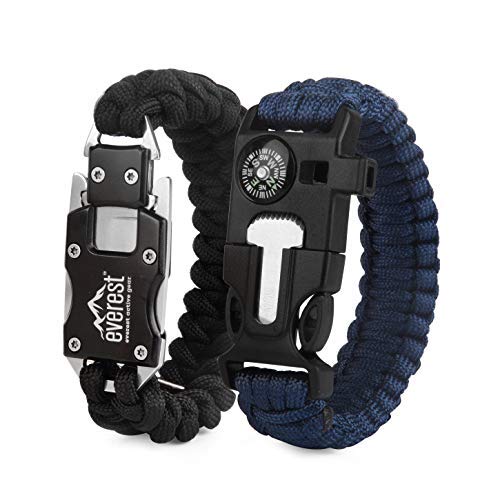Everest Paracord Emergency Bracelets Set of 2 Adjustable Size The Ultimate Tactical Survival Gear | Flint Fire Starter, Whistle, Compass & Scraper for Camping, Hunting, Hiking, Fishing & More