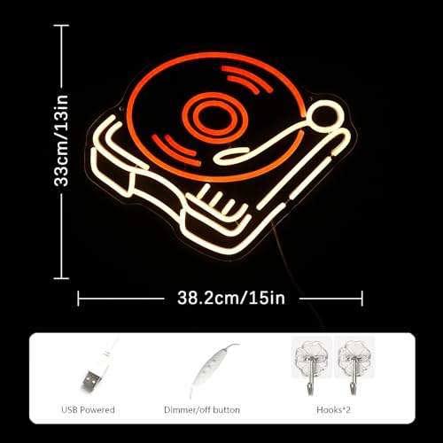 Image of Record Player Neon Sign Retro Red Warm Music Record Neon Light Neon Signs for Studio Decor Live Art Neon Light Sign for Bedroom Beer Bar Decoration