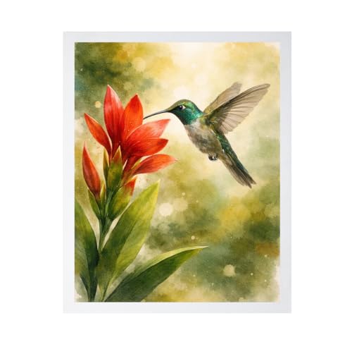 Lawrence Williams Designs Hummingbird Poster - Floral Nature Wall Art - Watercolor Bird & Red Flower Illustration - Botanical Decor for Bedroom, Office or Studio - 8x10 White Frame