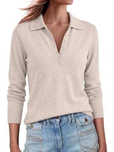 ANRABESS Long Sleeve Polo Sweaters for Women Pearl Button Almond L | Business Casual Work Office Pullover Tops, Basic Lightweight Comfy Knit, Fall Fashion Winter Layer Clothes - image 1