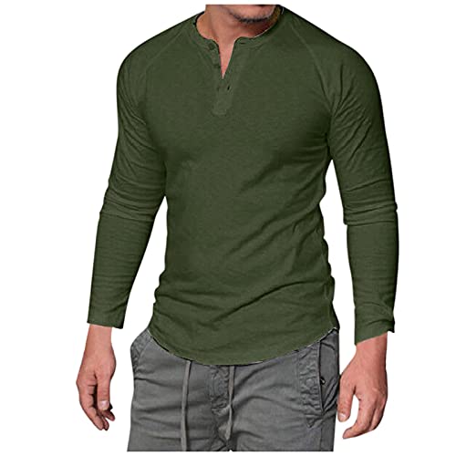Hatop Men's Pullover Button T-shirt Men's Solid Color Casual Round Neck Long Sleeve, 10-army Green, X-Large