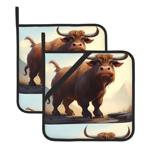 Juego de 2 alfombrillas cuadradas resistentes al calor con estampado de toro de dibujos animados HJFCZH para encimeras de cocina y lavavajillas