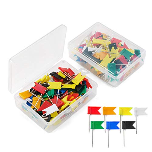 Preisvergleich Produktbild 200 Stück Landkarte Flagge Pinnadeln Markierungsfähnchen Markierfähnchen Markierungsnadeln in 2 Kasten 7 Farben perfekte Kennzeichnung und Übersicht auf Landkarten Weltkarten Pinnwand