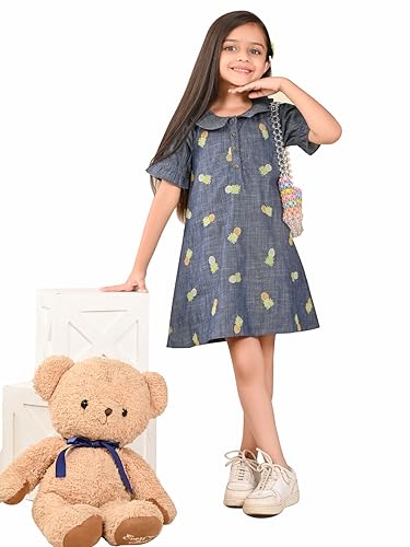 Image of LILPICKS Pineapple Applique Button Down A-line Denim DressFor Girls (Blue)