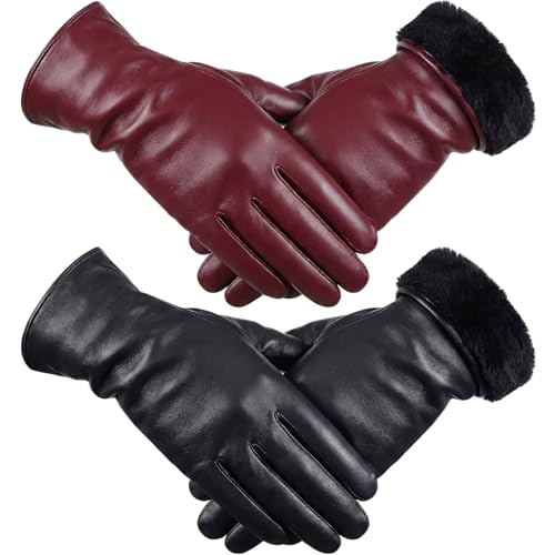 Cuffbow 2 Pairs Women's Lambskin Leather Gloves Touch Screen Warm