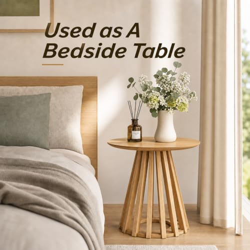 Image of HNY Round Fluted End Table, 19.7 inch Modern Black Side Table, Mid Century Wood Circle Bedside Tables Drink Table Nightstand for Bedroom, Living Room, Small Space, Natural
