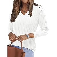 PLOKNRD Jumpers for Women UK Lightweight Long Sleeve Ladies Tops V Neck Sweater Shirt(White,S)