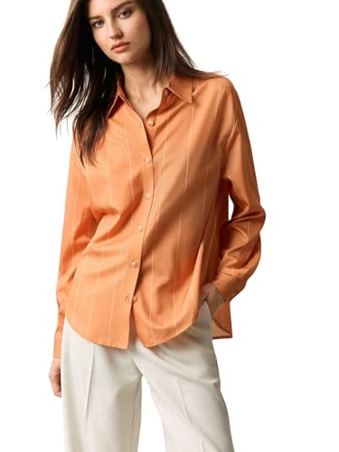 Image of Aahwan Orange Solid Button Up Drop Shoulder Striped Print Casual Formal Long Sleeve Shirt for Women's & Girl's
