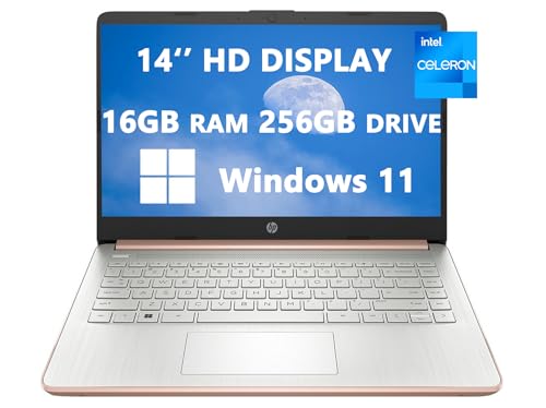 2024 HP 14 HD LEDディスプレイノートパソコン、Intel Celeron N4120(4コア)、16GB RAM、256GB(128GB SSD+128GBカード)、SDカードスロット、USB-C、ローズゴールド、軽量、Windows 11