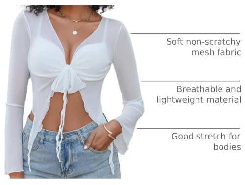 Image of Avidlove Women Mesh Crop Top Y2K Tie Front Tops Rave Top Sheer Cardigan Sexy V Neck Outfits S-2XL