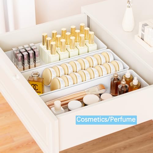Image of ihomecooker 3 Pack White Large Size Plastic Drawer Organizer Tray Cutlery Utensil Makeups Drawer Organizers 15 inch X 6 inch