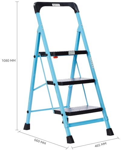 Image of Amazon Basics - Foldable Step Ladder with Tool Tray, Safety-Clutch Lock, Ribbed Steps, Anti-Skid Rubber Shoes, 3 Steps (Iron Ladder, Black & Blue)