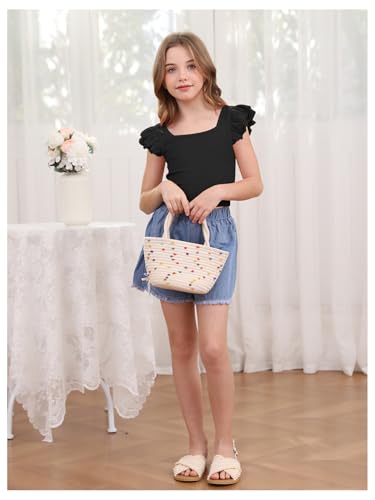 Image of OYOANGLE Girl's Casual Solid Ruffle Trim Cap Sleeve Square Neck Cute Crop Tank Tops T-Shirts