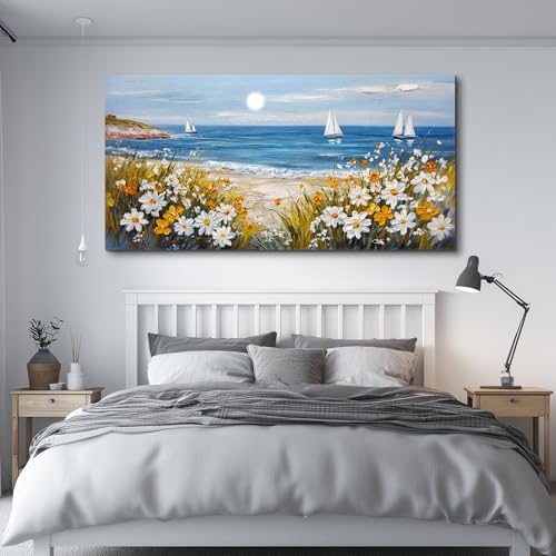 KELIYUAN Wall Art For Dining Room Kitchen Blue Ocean Beach Art Pictures Living Room Decor Vintage Landscape Painting Modern Canvas Print Suitable For Bedroom Office Farmhouse Wall Decor 24x48 In