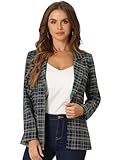Allegra K Women's Notched Lapel One Button Boyfriend Blazer Suit Houndstooth Work Office Blazers Jacket Medium Green Blue