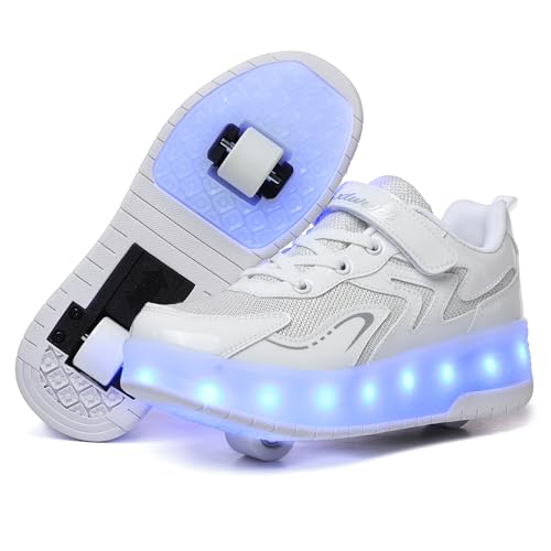 YongerYong Zapatos con Ruedas y LED Luces para Niña, Zapatillas de Skateboard con USB Recargable para Niño, Doble Ruedas Retráctil Skateboarding, Patines Brillantes