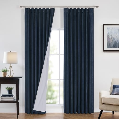 Image of Vision Home Navy Blue Pinch Pleated Full Blackout Curtains Linen Blended Room Darkening Curtain Panels 63 inch for Living Room Bedroom Thermal Insulated Pinch Pleat Drapes with Hooks 40 inch Wx63 Lx2